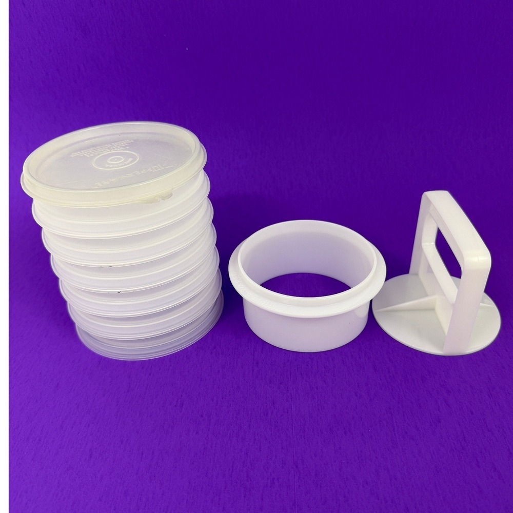 Vintage Tupperware Hamburger Press and Freezer Set 6 Stackable Keepers White